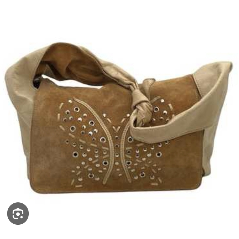 Arcadia Italy Leather vintage hobo bag gold with butterfly embossing.